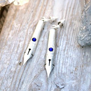 Boho Long Silver Earrings Unique Gift For Writer, Quill Statement Jewellery for evening image 1