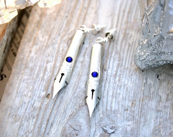 Boho Long Silver Earrings Unique Gift For Writer, Quill Statement Jewellery for evening