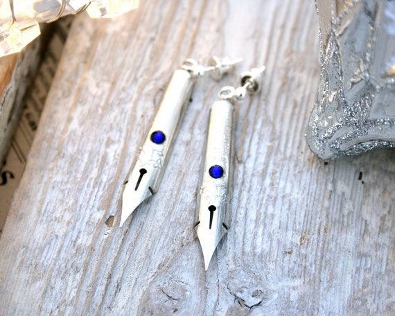 Boho Quill Earrings: Silver, Swarovski Crystal - Quirky Gift for Writer