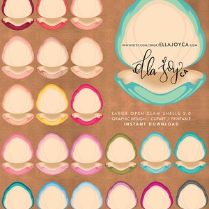 May include: A set of 22 printable open clam shell graphics in various colors. The shells are a light blue color with a white interior. The text "LARGE OPEN CLAM SHELLS 2.0" is displayed above the shells. The text "GRAPHIC DESIGN / CLIPART / PRINTABLE" is displayed below the shells. The text "INSTANT DOWNLOAD" is displayed below the previous text. The text "WWW.ETSY.COM/SHOP/ELLAJOYCA.COM" is displayed in the upper right corner of the image. The text "ella joy" is displayed in a stylized font in the center of the image. The text "WWW.ELLA-JOY.COM" is displayed in the lower left corner of the image. The text "WWW.ETSY.COM/SHOP/ELLAJOYCA.COM" is displayed in the lower right corner of the image.