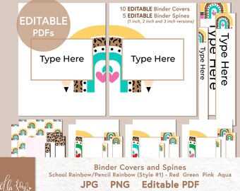 May include: Editable PDF binder covers and spines with a rainbow and pencil design. The covers feature a rainbow with a leopard print pattern and the text "Type Here". The spines are available in 1 inch, 2 inch, and 3 inch sizes.