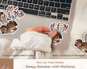 Kiss-Cut Sticker | Sleepy Reindeer under Mistletoe | Naughty Christmas | Water, Scratch and UV Resistant Vinyl Sticker