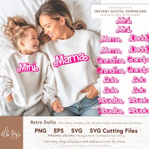 May include: A mother and child wearing matching white sweatshirts with the words "Mama" and "Mini" in pink script. The image also includes digital download options for various family titles like "Daddy" and "Grandma".