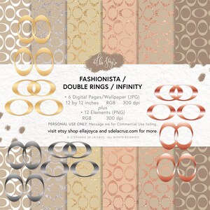 May include: A digital collection titled FASHIONISTA / DOUBLE RINGS / INFINITY featuring 6 wallpaper patterns and 12 graphic elements. The designs display repeating oval ring motifs in metallic gold, silver, copper, and rose gold color palettes.