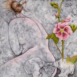 May include: An artistic painting depicts a nude figure in a fetal position, with a pelvic bone overlay. A pink flower and autumn leaves are also included in the composition. The background is a textured gray.