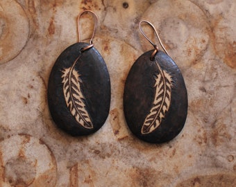 Hawk feather,bird, bird art, wooden, woodburned, pyrography, jewelry,earrings,boho style,eco fashion,handmade