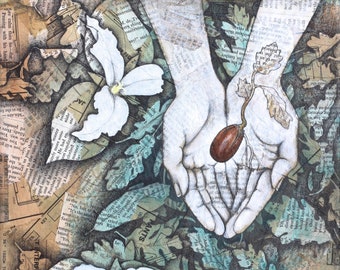 Trillium,botanical,acorn,oak leaves,spring,hands,holding,nature lovers,seedling,forest,nature art,mixed media,floral,botanical art,collage