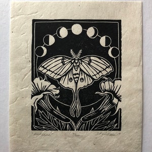 Luna Motte, Mond, Mond, Mondphasen, Datura, Flora und Fauna, botanisch, Beifuß, Motte, Natur, Wald, Dekor, Boho, Handgemacht, Kunst, Linoldruck, Linolschnitt