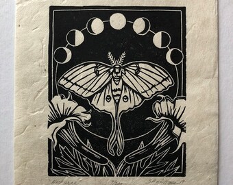 Luna Moth Linocut Print, Moon Phases, Botanical Art, Handmade
