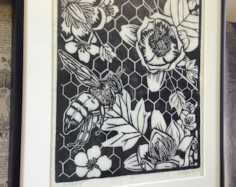 Honeybee Linocut Print, Tulip Poplar, Original Handmade Art