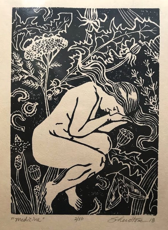 Botanical Linocut Print, Feminine Earth Art, Herbalist Gift