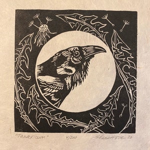 TARAXICUM,dandelion,raven,blackbird,crow,lino,linocut,leaves,handmade,relief print,bird art,blockprint,nature,original art,flora and fauna