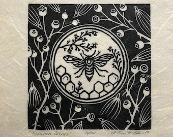 Honeybee Linocut Print, Botanical Art, Handmade Bee Printmaking