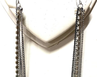 Long Dangling Chain and Rhinestone Earrings with Feather and Hearts, approx. 7", Pierced.