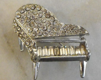 Rhinestones on Silvertone Piano Brooch by PELL