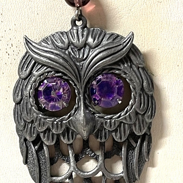 Sweet Bright Amethyst-Eyed Pewter-Toned Owl Pendant with 22" silver-tone chain