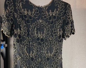 Vintage Stenay Silk Gold Beaded Black Formal/Cocktail Dress
