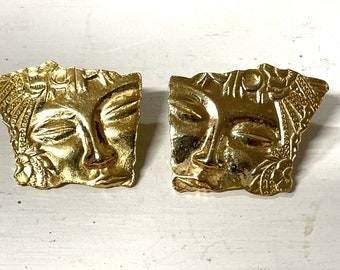 Gold-toned Dramatic Asian Face Earrings, Pierced, Abstract