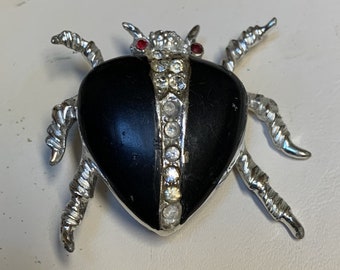 Beetle Brooch, Black and Silver with Red Eyes and Rhinestones