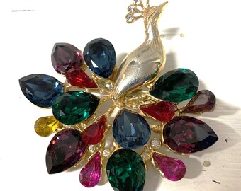 Vintage Multicolored Peacock Brooch. Gold-tone and Crystals Brooch