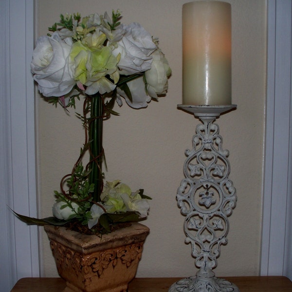 Vintage Shabby Chic White Candle Holder with Scroll & Heart Embellishments
