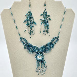 Cyan / Blue / Green / Clear - Beaded Necklace with Matching Earrings - Glass Beaded Necklace - One of a Kind