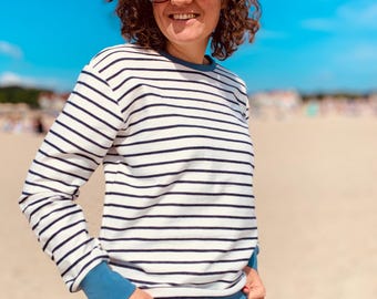 Damen Pullover maritim gestreift, Sweatshirt gestreift, Sweater schlicht, blau-weiß gestreift, Größe 34-46