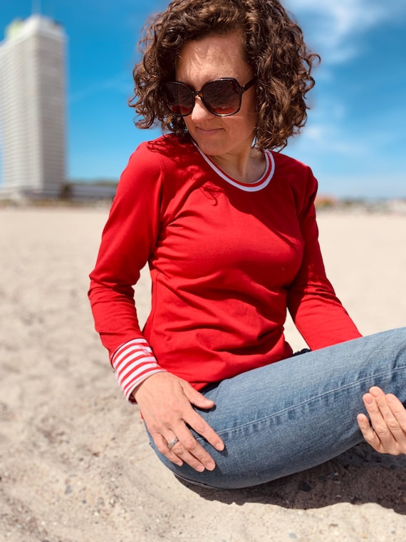 Langarmshirt maritim rot weiß, Longsleeve Damen, Longsleeve gestreift, schlichtes Shirt, Shirt Damen, T-Shirt Damen, Größe 36-44
