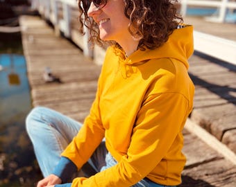 Damen Hoodie senfgelb mit gepunkteter Kapuze , Kapuzenpullover Damen maritim, Sweatshirt Damen, Sweater, Pulli uni, Größe 34-46