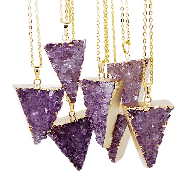 Triangle Amethyst Druzy Pendant Necklace - Amethyst Necklace - Druzy - Pendant Necklace - Raw Amethyst Cluster- Triangle