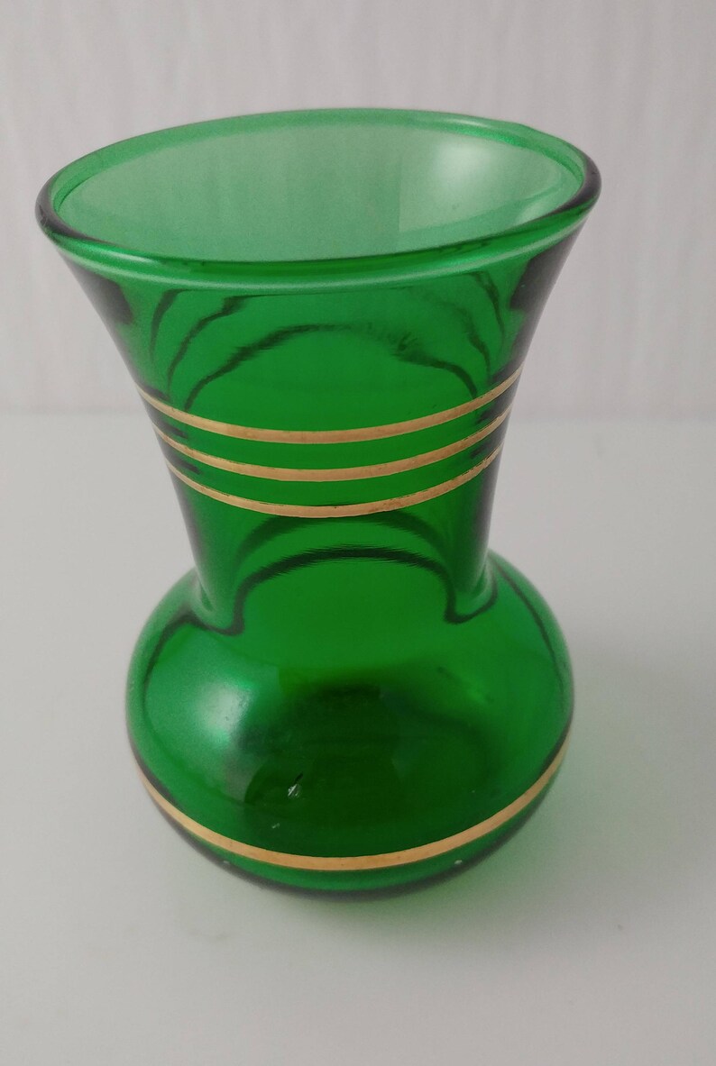 Small Vase Emerald Green Glass Vase Gold Striped Vintage Etsy