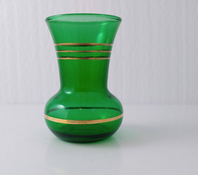 Small Vase Emerald Green Glass Vase Gold Striped Vintage Etsy