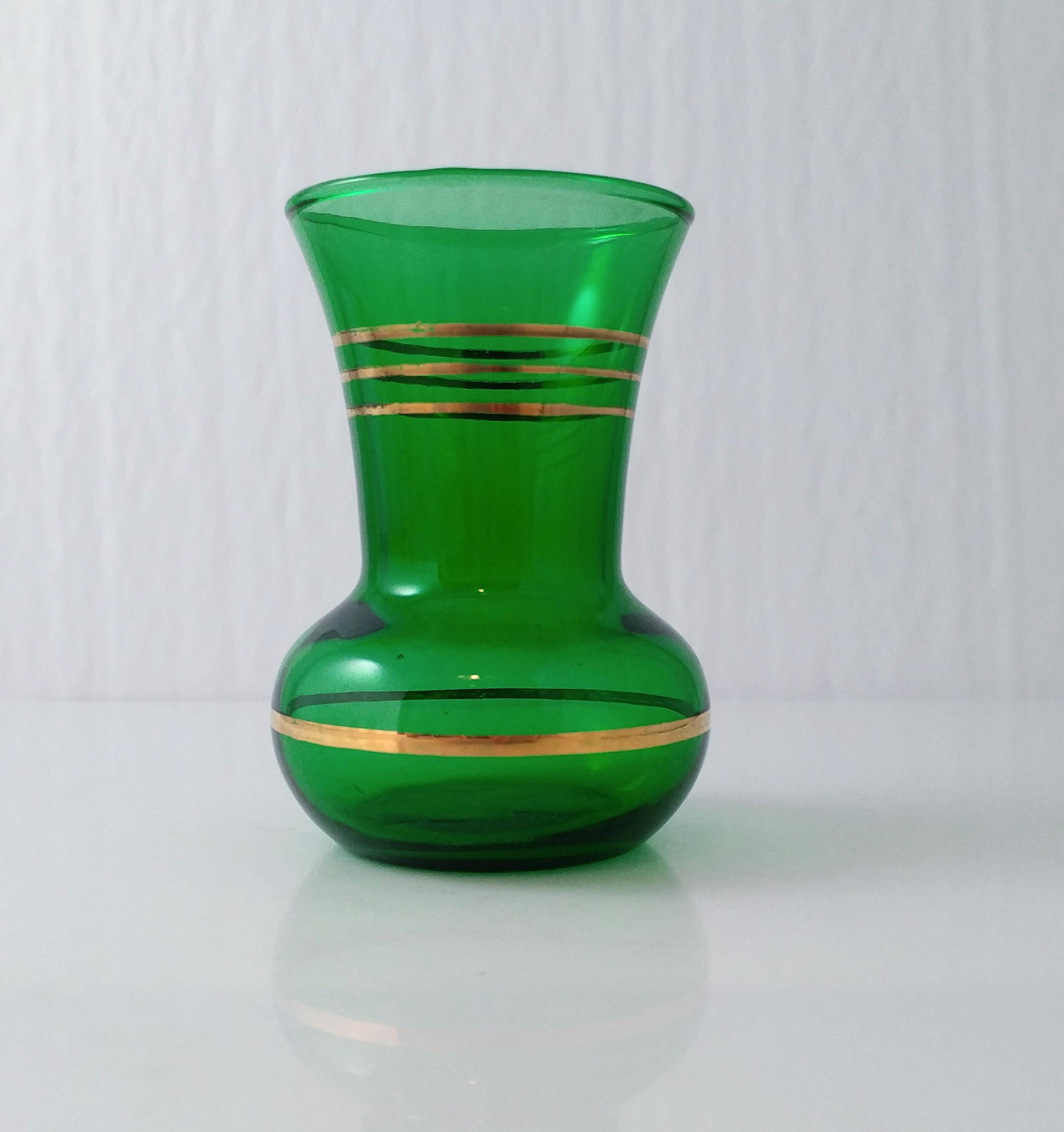 Small Vase Emerald Green Glass Vase Gold Striped Vintage Etsy