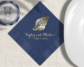 Navy Blue Personalized Beach Wedding Cocktail Napkins Seashell Design 3 Ply Paper Beverage Napkins, Design Options And Colors Available