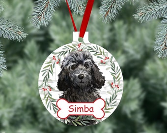 Cockapoo Dog Personalized Christmas Ornament, Black Cockapoo Dog Watercolor Dog Ornaments, Two Sided Gloss Metal Ornament