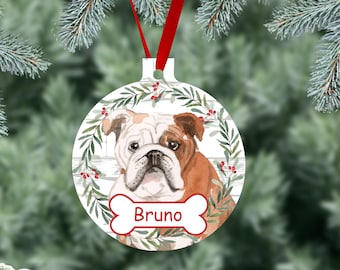 Bull Dog Personalized Christmas Ornament, British Bull Dog Watercolor Dog Ornaments, Two Sided Gloss Metal Ornament