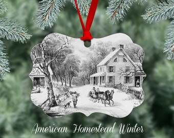 Christmas Ornament Winter Scene, Reproduction Of The Currier And Ives American Homestead Winter lithograph, Metal Ornament, One Side
