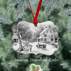 Christmas Ornament Winter Scene, Reproduction Of The Currier And Ives American Homestead Winter lithograph, Metal Ornament, One Side