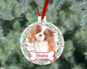 Cavalier King Charles Spaniel Personalized Pet Christmas Ornament, Cavalier Spaniel Watercolor Dog Ornaments, Two Sided Gloss Metal Ornament