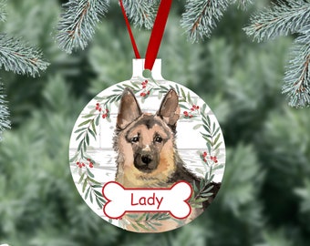 German Shepherd Personalized Christmas Ornament, German Shepherd Watercolor Dog Ornaments, Two Sided Gloss Metal Ornament