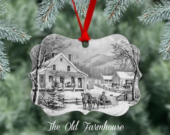 Winter Scene Christmas Ornament, Reproduction Of The Currier And Ives The Old Farmhouse lithograph, Metal Ornament, One Side