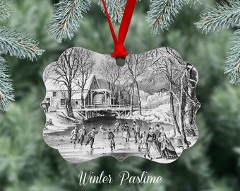 Ice Skating Christmas Ornament, Reproduction Of The Currier And Ives American Homestead Winter lithograph, Metal Ornament, One Side