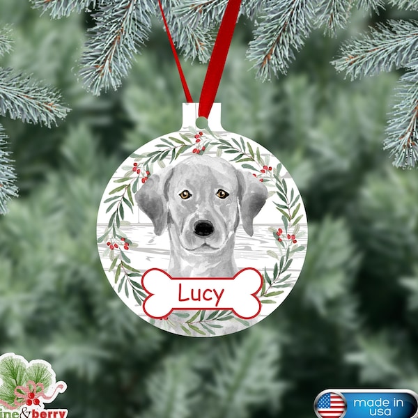 Silver Lab Personalized Christmas Ornament, Gray Lab Dog Ornament, Grey Labrador Two Sided Gloss Metal Ornament, Watercolor Artwork