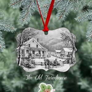 Winter Scene Christmas Ornament, Reproduction Of The Currier And Ives The Old Farmhouse lithograph, Metal Ornament, One Side