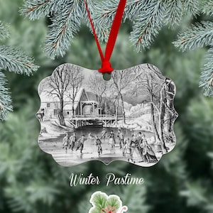 Ice Skating Christmas Ornament, Reproduction Of The Currier And Ives American Homestead Winter lithograph, Metal Ornament, One Side