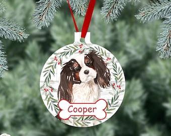 Spaniel Personalized Christmas Ornament, Tri Color King Charles Spaniel Watercolor Dog Ornaments, Two Sided Gloss Metal Ornament