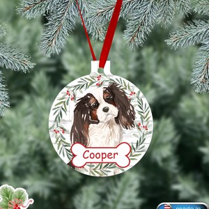 Spaniel Personalized Christmas Ornament, Tri Color King Charles Spaniel Watercolor Dog Ornaments, Two Sided Gloss Metal Ornament