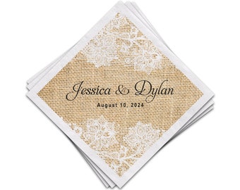 Rustic Wedding Personalized Burlap Lace Cocktail Napkins, Luncheon Napkins Also Available