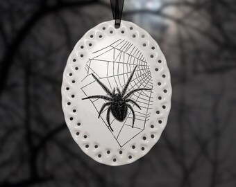 Spider Halloween Ornament, Bone White Porcelain Victorian Style Ornament, Spider on Web, Gothic Ornaments