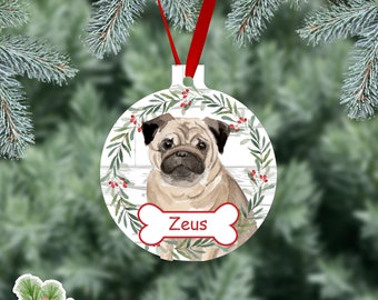 Pug Personalized Christmas Ornament, Pug Watercolor Dog Ornaments, Two Sided Gloss Metal Ornament